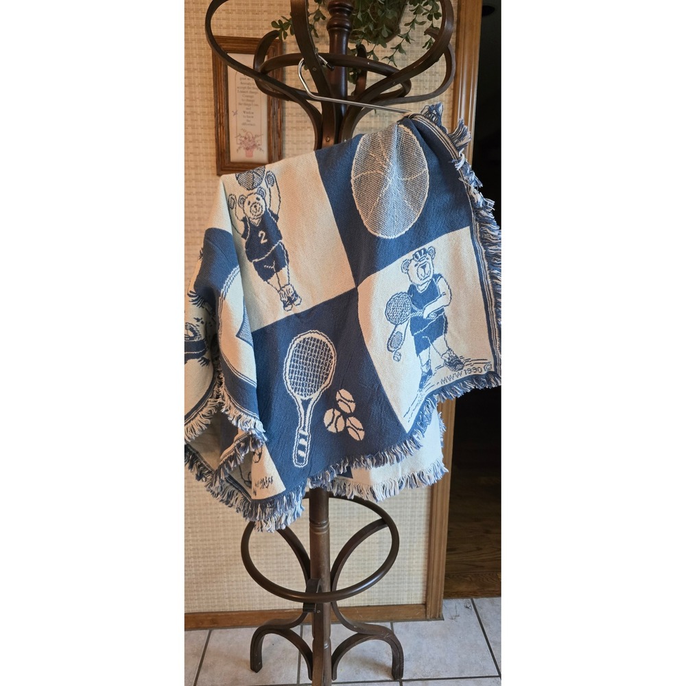 Vintage Woven Tapestry Throw Blanket Navy Blue Cream Sports Teddy Bear  1990
